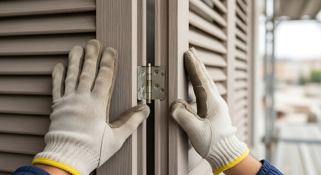 Hands installing wooden shutters with a metal hinge in a home renovation