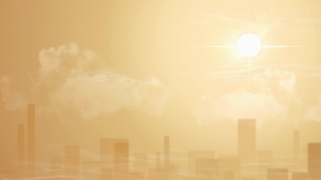 Extreme summer heatwave over urban city skyline with hazy atmosphere and strong sunlight. Concept of climate change, urban heat island, global warming, drought and environmental stress. 