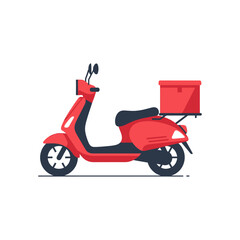 Obraz premium Red scooter with delivery box on back drives down urban road with cityscape