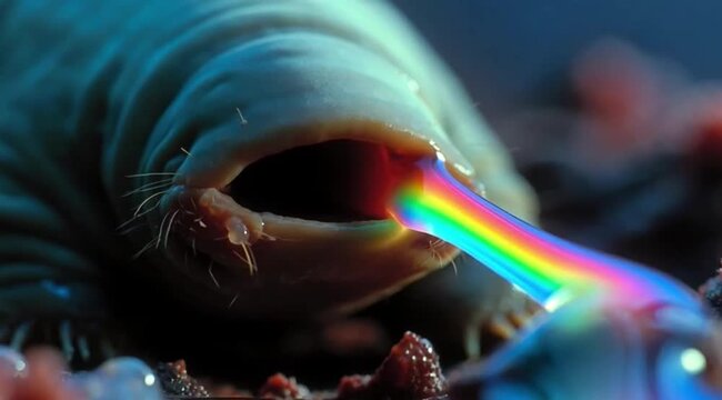 Surreal tardigrade macro close up photography vomiting rainbow liquid psychedelic fantasy abstract horizontal orientation cinematic lighting