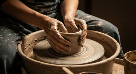 Fototapeta premium Person shaping clay on a pottery wheel