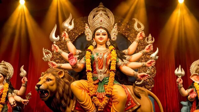 Goddess Durga Idol Adorned with Lights During Festival Celebration