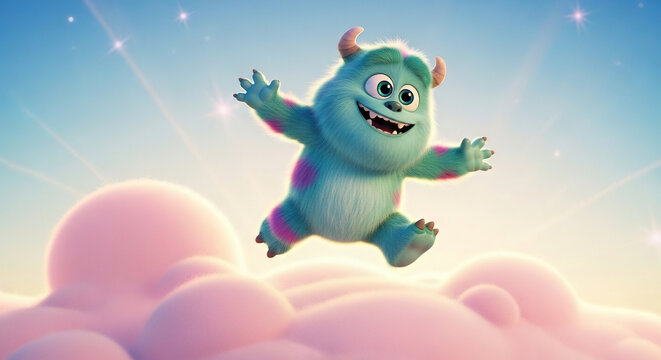 Animated creature flying with arms outstretched over soft clouds