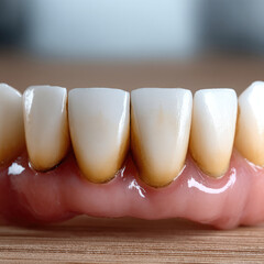 Close up of teeth with visible tartar buildup, yellow stains, and gum line detail, dental health concept