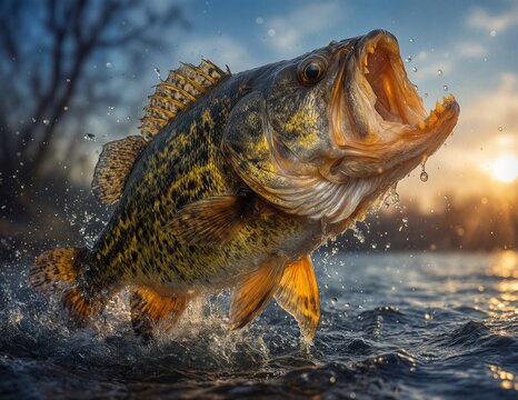 dynamic smallmouth bass jumping from water during golden hour sunlight.