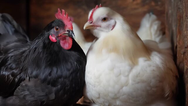 Two chickens rest side by side in a cozy, wooden coop during a calm afternoon on a farm