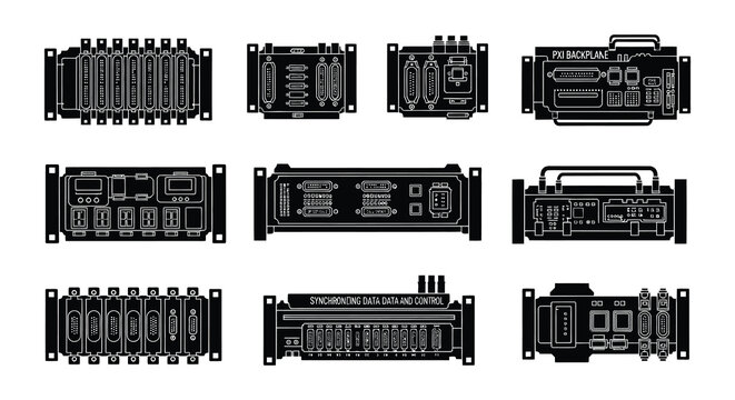 Black silhouette illustrations of various electronic components and circuit boards