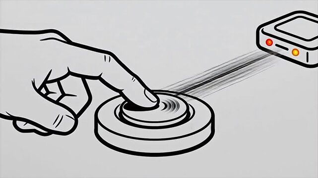 Hand pressing circular device with signal lines to square box illustration