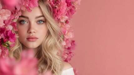 Naklejka premium Close-up portrait of a beautiful young blonde woman surrounded by vibrant pink flowers on a pink background, concept for beauty advertising, spring promotions and fashion editorials