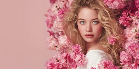 Naklejka premium Gorgeous young blonde woman framed by vibrant pink blossoms with flowing hair on a pastel background, concept for beauty advertising, cosmetics packaging and spring promotions