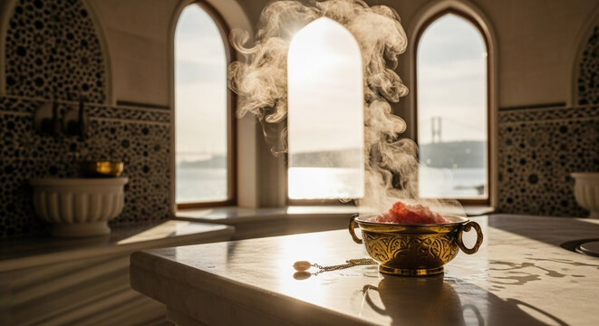 Steam rising from a decorative bowl in a sunlit room with arched windows