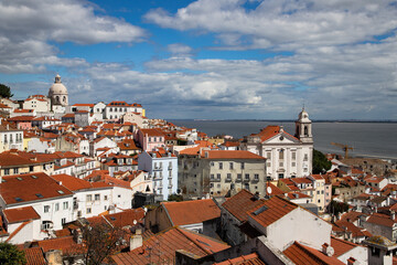 Fototapeta premium panoramic view of skyline of Lisbon city, Portugal, many colorful houses in the Alfama district