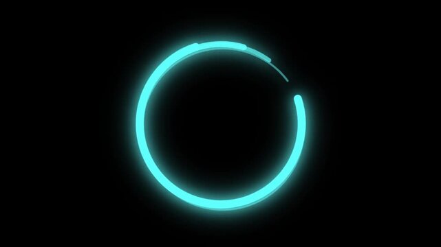 Neon light circle spinning on a black background. Glowing cyan loading animation with a round shape. Abstract futuristic progress bar or buffering symbol. Sci-fi energy ring with a seamless loop