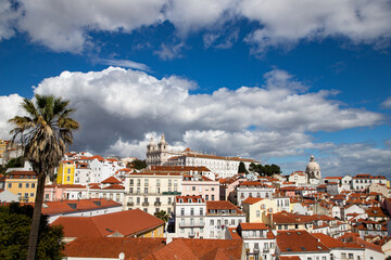 Obraz premium panoramic view of skyline of Lisbon city, Portugal, many colorful houses in the Alfama district