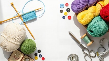 Knitting and crochet supplies with colorful yarn skeins and buttons