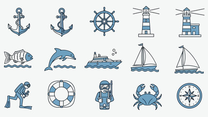 Nautical theme icons: anchors, lighthouses, sailboats, diver, and more. © Oke-STOCK