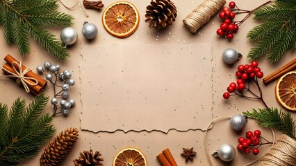 Christmas frame with pine, oranges, cinnamon, and berries, festive holiday decor