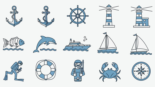 Nautical theme icons: anchors, lighthouses, sailboats, diver, and more.