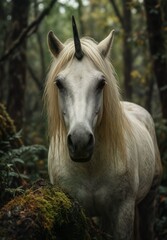 Obraz premium majestic white unicorn portrait in a lush, mystical forest setting