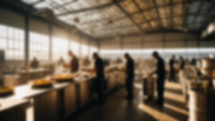 Obraz premium Blurred background of Modern disaster-response kitchen setup with portable stainless cooking units and stacked food containers, open industrial hangar-style background with high metal ceiling, golden.