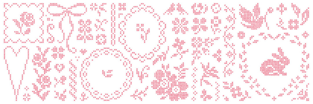 Hand drawn cross-stitch embroidery element asset pack. Frame, bow, border, flower, pattern and ornament. Isolated vector shape.