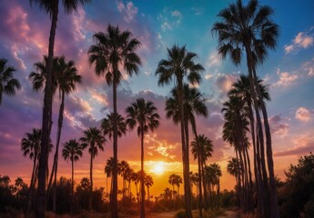 Obraz premium desert palm trees silhouetted against vibrant colorful sunset sky in arizona