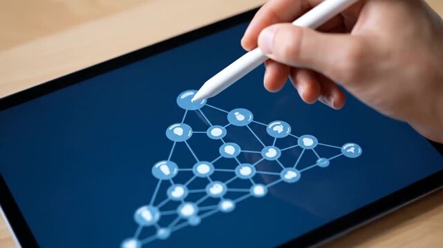 A hand uses a stylus on a tablet displaying an interconnected neural network diagram. The user interacts with the nodes of the blue triangular structure, simulating data flow, analysis, or design on 