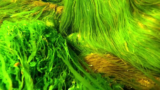Wild nature of the Black Sea, filamentous green algae Ulva - Enteromorpha intestinalis growing on rocks in shallow water in a flow of clean brackish water