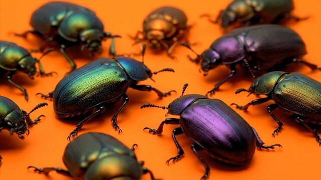 Close up of numerous iridescent beetles on a vibrant orange background