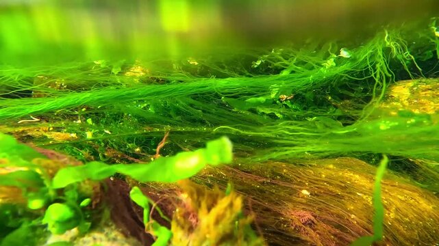 Wild nature of the Black Sea, filamentous green algae Ulva - Enteromorpha intestinalis growing on rocks in shallow water in a flow of clean brackish water