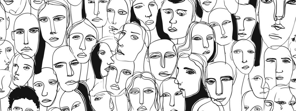 hand drawn vector illustration black and white background of abstract human faces  and heads concept of humanity 