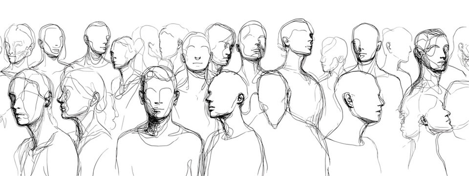 hand drawn vector illustration black and white background of abstract human faces  and heads concept of humanity 