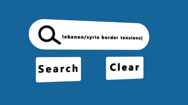 Search bar interface displaying text about lebanon syria border tensions with search and clear buttons and a cursor indicating user interaction on a blue background. Keywords: search bar