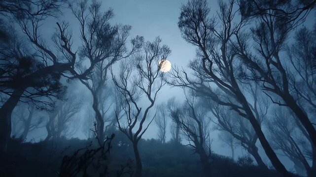 Eerie moonlit forest with twisted trees creates a haunting atmosphere at night