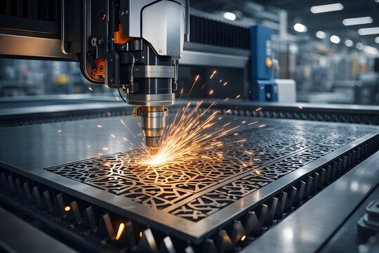 Welder working in a factory with sparks flying from metal grinding