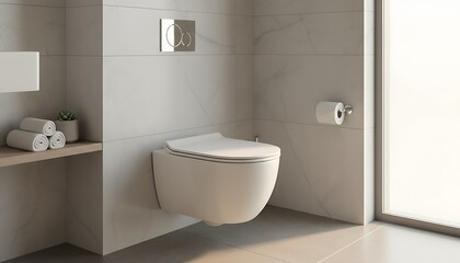 Modern bathroom interior with a white wall-mounted toilet and minimalistic design