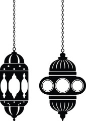 Black Ramadan Lantern Silhouette Vector Set, Islamic Fanous Hanging Decorative Icons for Eid Celebration and Greetings