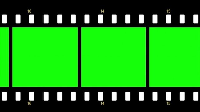 Film strip animation on green screen with cinema frame border, movie reel overlay element, retro video editing template, motion graphic transition