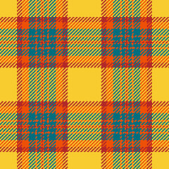 Fototapeta premium A vibrant yellow and orange plaid pattern featuring a classic checkered design with teal accents. Ideal for autumn backgrounds, fashion textiles, and creative digital wallpaper projects.