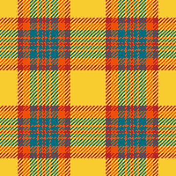 A vibrant yellow and orange plaid pattern featuring a classic checkered design with teal accents. Ideal for autumn backgrounds, fashion textiles, and creative digital wallpaper projects.