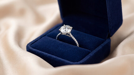 Diamond engagement ring in navy velvet box on beige satin fabric. Round-cut diamond with prong setting and encrusted band. Elegant, luxurious jewelry symbolizing romance and commitment
