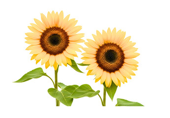 Obraz premium Two blooming sunflowers with green leaves against a black background, showcasing their vibrant yellow petals and dark centers. isolated on transparent background