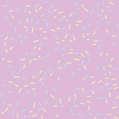 Colorful sprinkle pattern on purple background, festive cake confetti background for birthday parties and celebrations, minimalist vector illustration