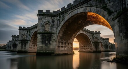Obraz premium A historic stone bridge spans a serene river at sunset