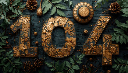 Naklejka premium Golden Embellished Number 104 with Foliage and Decorative Elements