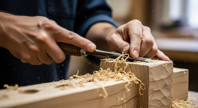 Craftsman shaping wood with chisel and mallet