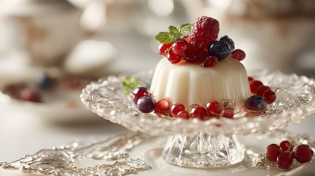 Smooth colloidal dessert adorned with vibrant anthocyanin-rich berries and a crystalline glass pedestal.