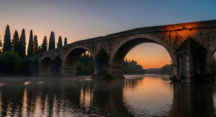 Obraz premium A serene stone bridge spans a calm river at sunset