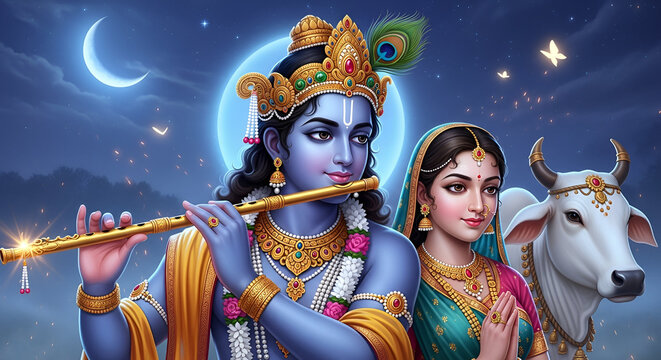 Krishna Radha Hindu God Playing Flute under Moonlight with Sacred Cow in Devotional Night Scene for Janmashtami Festival Culture Spiritual Art Background