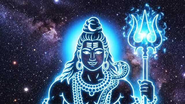 Lord Shiva with glowing trident against a starry cosmic background